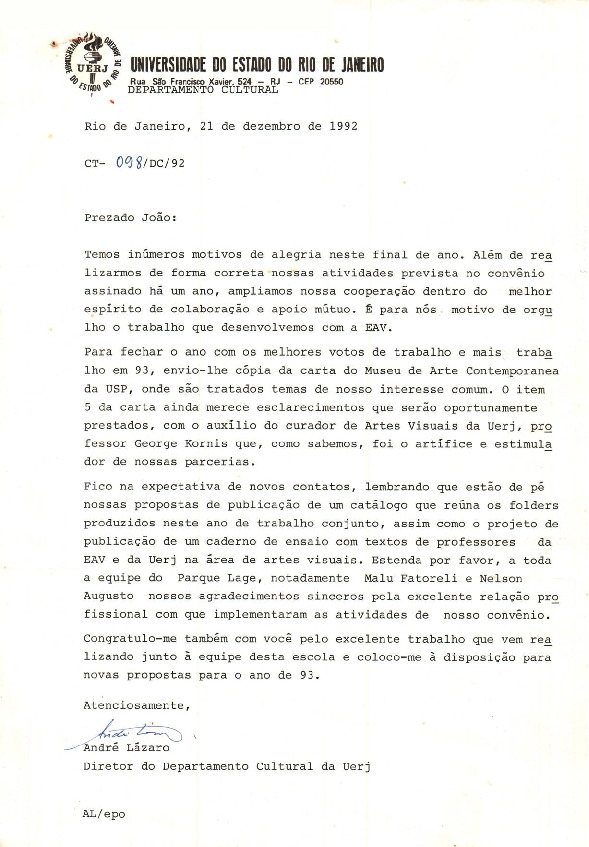 [Carta de congratulações por convênio entre UERJ e EAV] – Acervo da