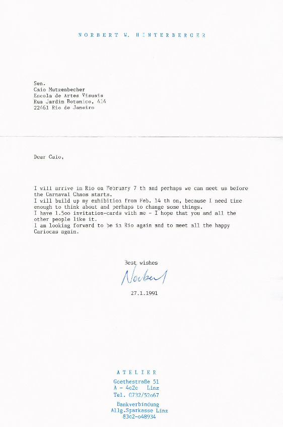 [Carta sobre montagem da exposição “Norbert W. Hinterberger no Rio de
